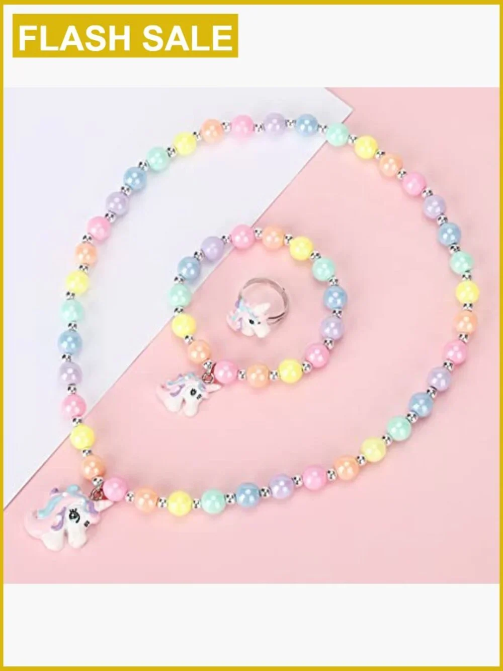 Kids Unicorn Stretch Necklace Bracelet Ring Set Jewelry Set
